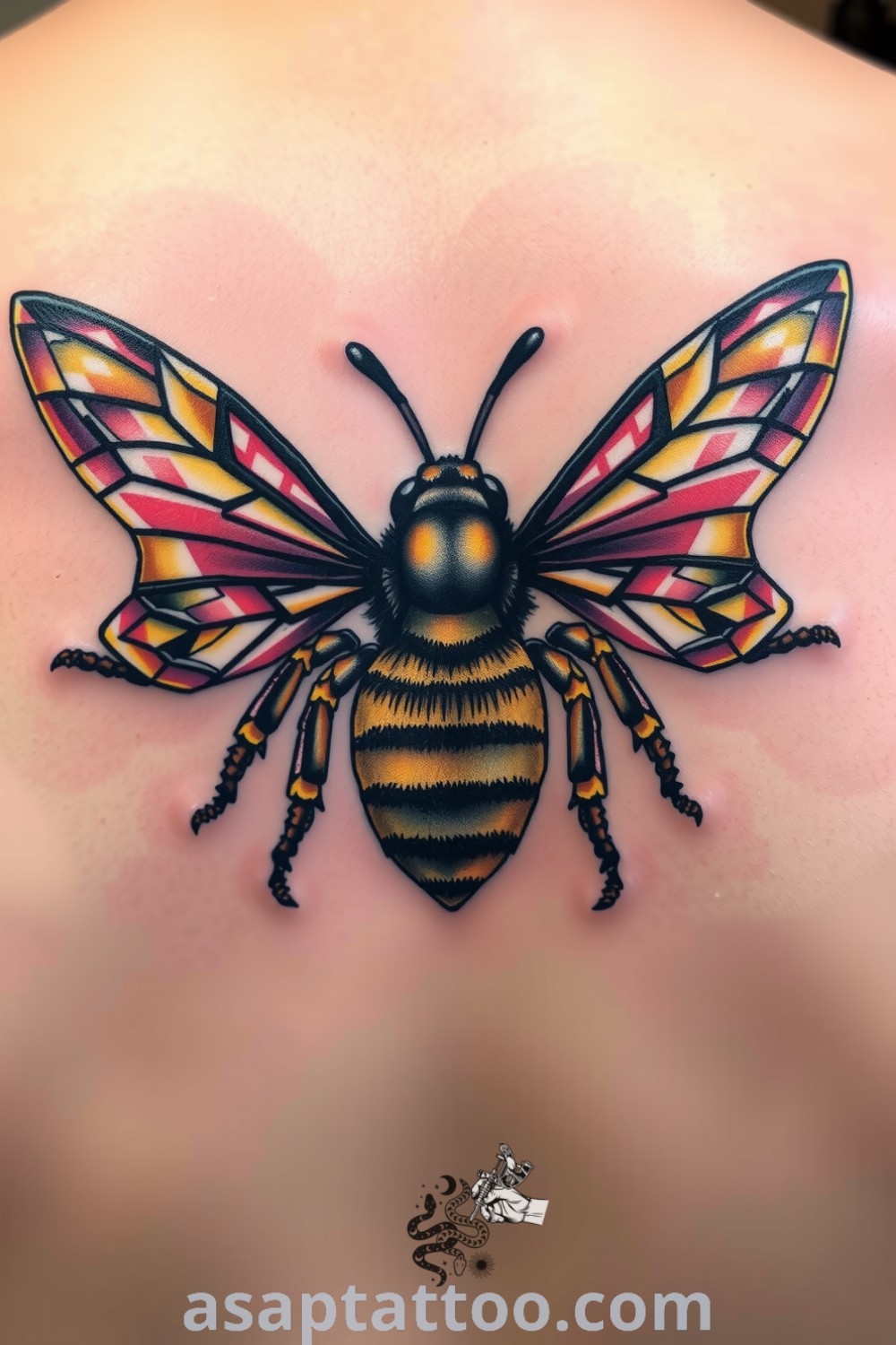 Escher-style bee tattoo with intricate linework and geometric patterns. The design features shimmering wings in rich blacks and deep golds, showcasing nature