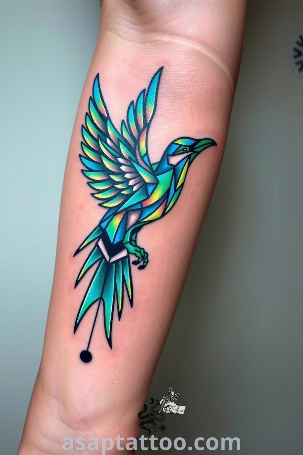 Cyberpunk bird tattoo with intricate linework and vibrant electric blue and neon green colors, symbolizing freedom and modern aesthetics. A gorgeous tattoo idea you must see to believe. asaptattoo.com
