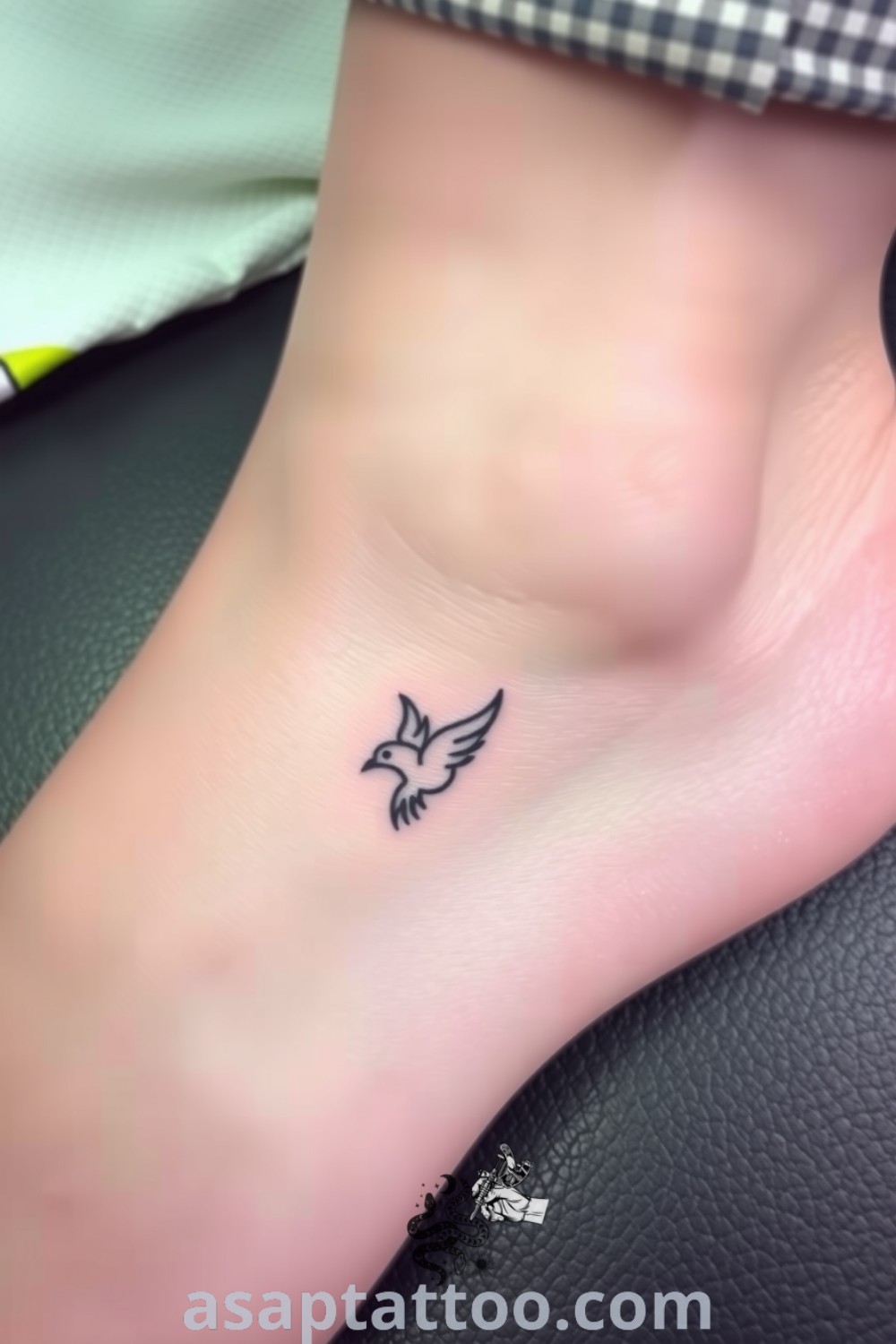 Minimalist bird tattoo on the ankle with clean lines and gradients, symbolizing freedom and grace. An elegant tattoo idea you will absolutely love. asaptattoo.com