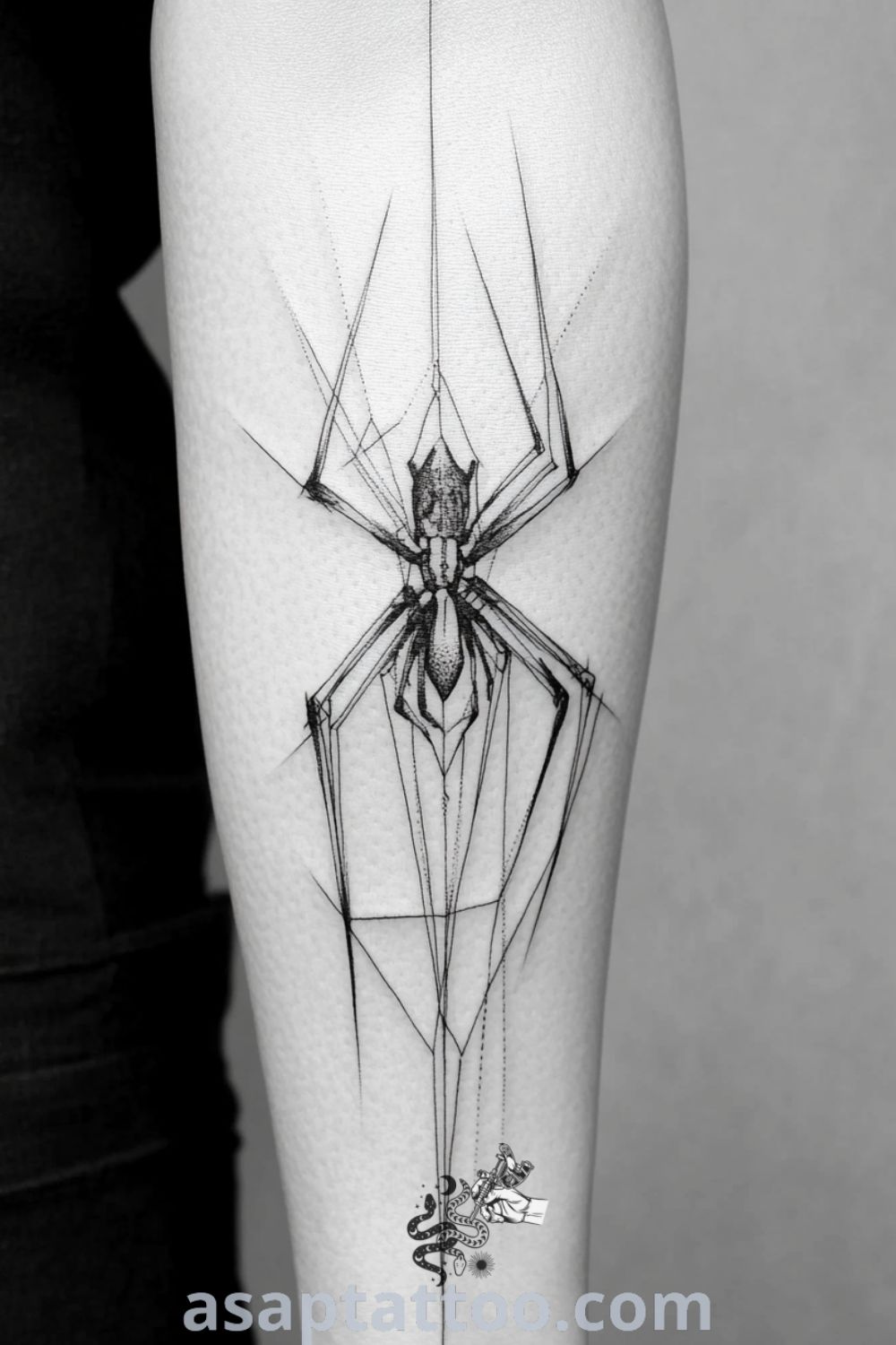Geometric spider tattoo with intricate lines and gray gradients, set against light skin for a striking effect. An amazing tattoo idea you must see to believe. asaptattoo.com