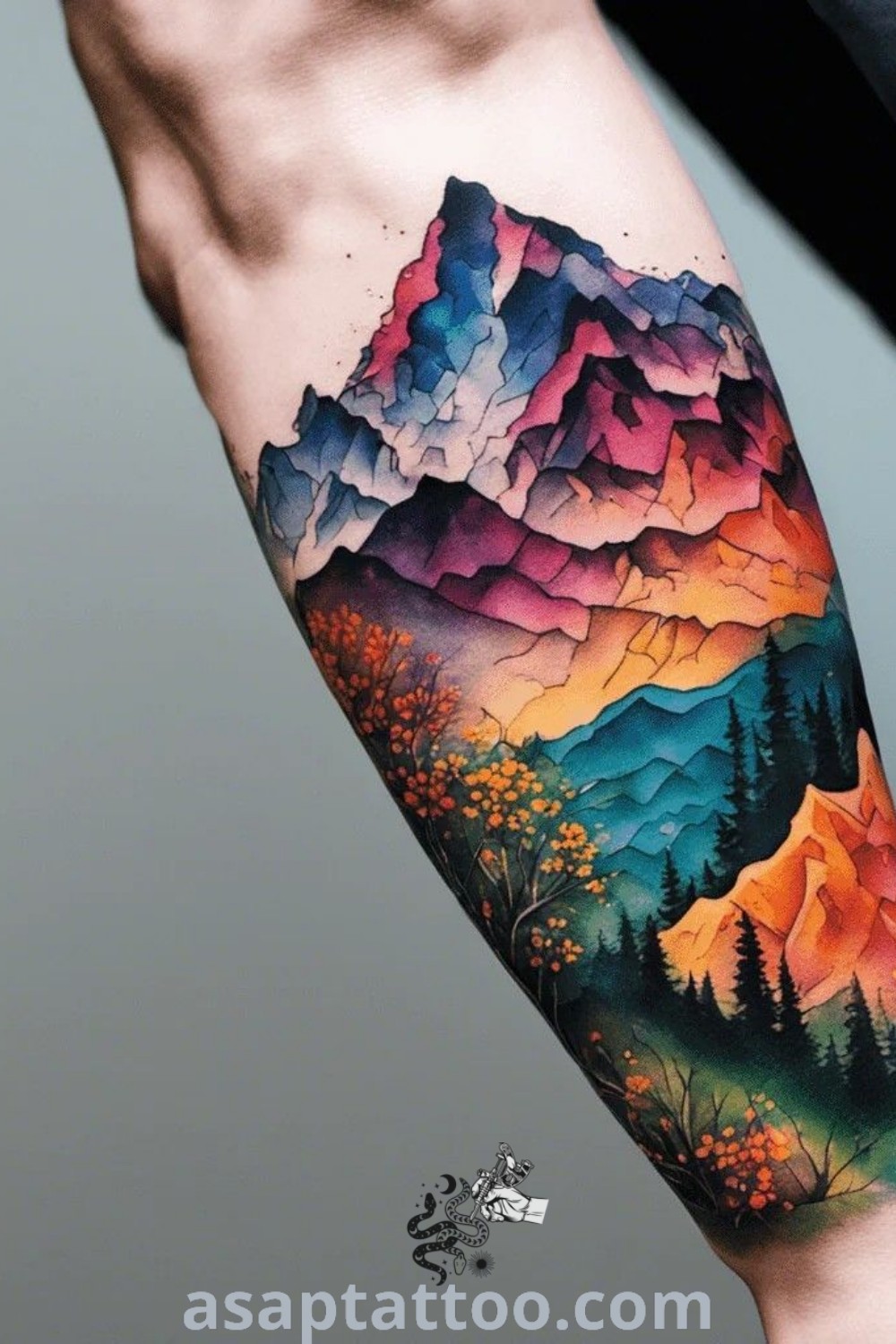 Colorful mountain tattoo featuring vivid hues and geometric wilderness artwork, ideal for those seeking tattoos with meaning. Explore more amazing tattoo ideas at asaptattoo.com.