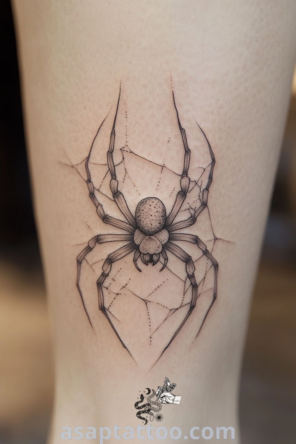 Elegant spider tattoo inked on ankle, featuring intricate linework and bold black lines with delicate shading for a three-dimensional effect. A meaningful and inspiring tattoo idea you must see. asaptattoo.com