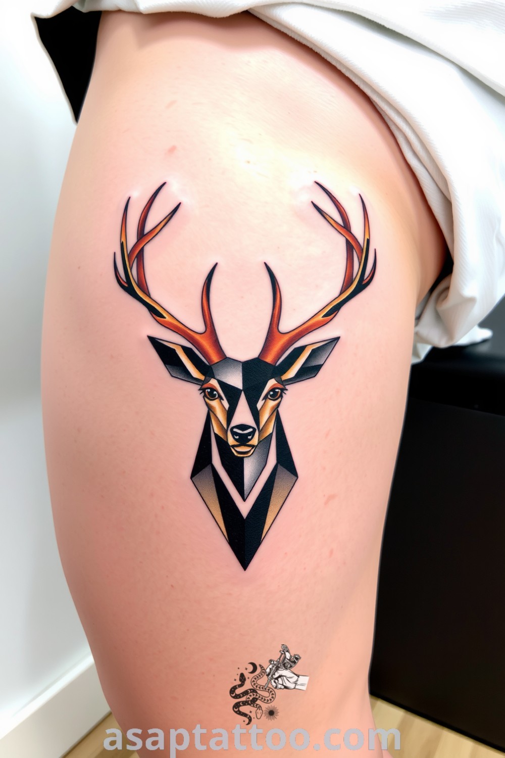 Geometric deer tattoo with intricate linework and vibrant ink, balancing elegance and strength with shaded gradients. A gorgeous tattoo idea you must see to believe. asaptattoo.com