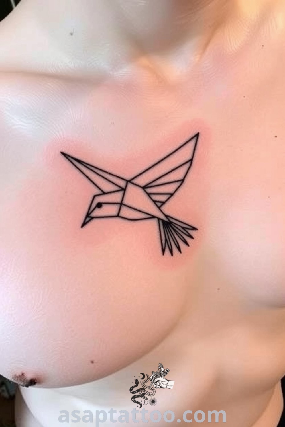 Geometric bird tattoo with intricate angles and clean lines, showcasing a silhouette in flight. An elegant and inspiring tattoo idea you must see. asaptattoo.com