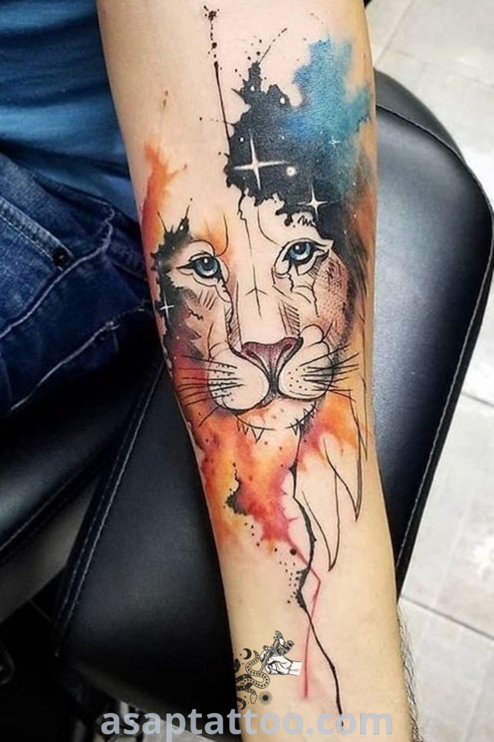 A vibrant tattoo sleeve featuring a lion face and cross, showcasing colorful lion tattoo designs. Ideal for tattoo lovers seeking inspiring ink ideas. Explore the best tattoo ideas you have to see to believe at asaptattoo.com.