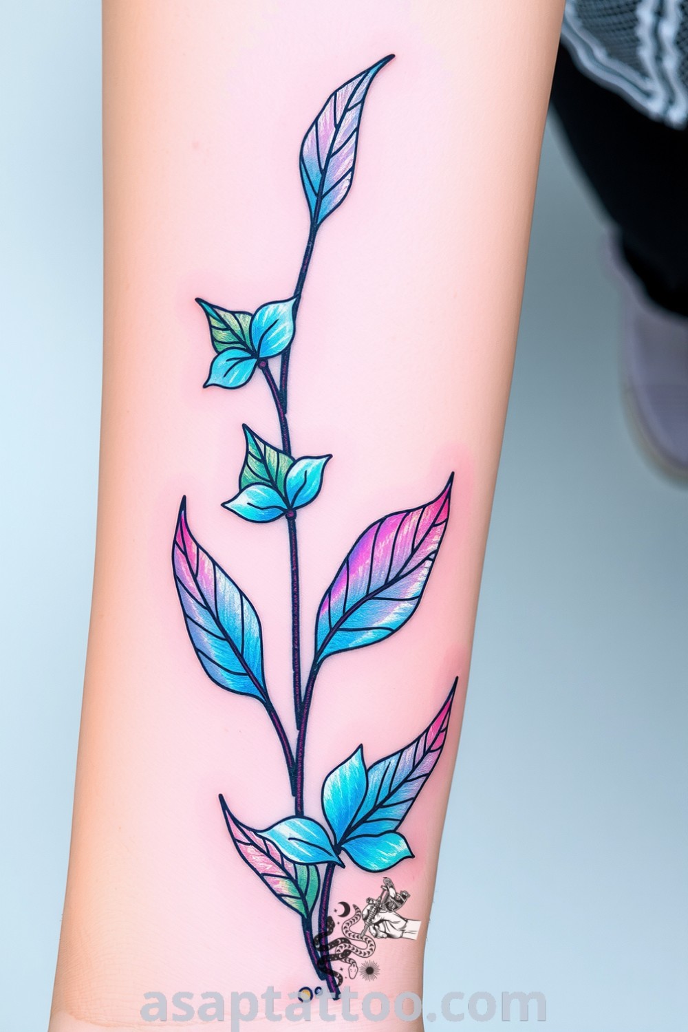 Holographic plants tattoo with intricate linework and iridescent colors, showcasing a blend of greens and purples. A gorgeous tattoo idea that will inspire you to get inked and decorate your body with stunning artistry. asaptattoo.com