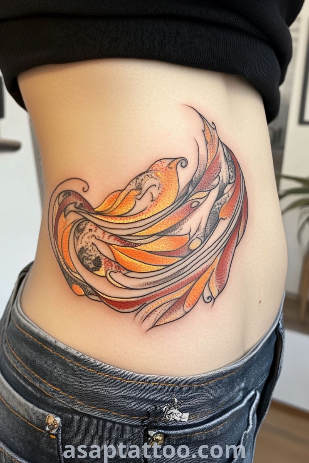 A surreal phoenix tattoo featuring vibrant red, orange, and yellow feathers gracefully unfurling across the ribcage. This elegant design symbolizes transformation and rebirth, making it one of the best tattoo ideas you have to see to believe. asaptattoo.com