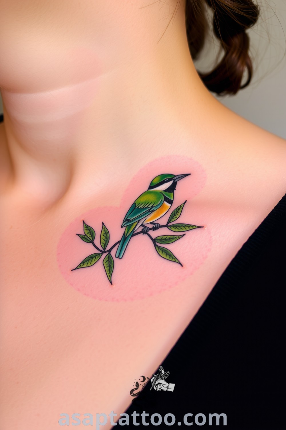 Botanical bird tattoo with intricate linework and vibrant colors, elegantly adorned with lush leaves. This amazing tattoo will inspire you to get inked and connect with nature. asaptattoo.com