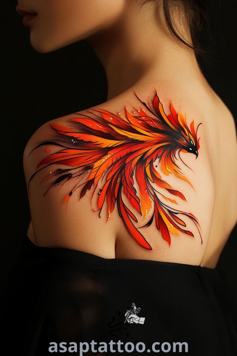 Phoenix tattoo on shoulders with vibrant reds and oranges, intricately detailed, symbolizing rebirth. An amazing tattoo idea you must see to believe. asaptattoo.com