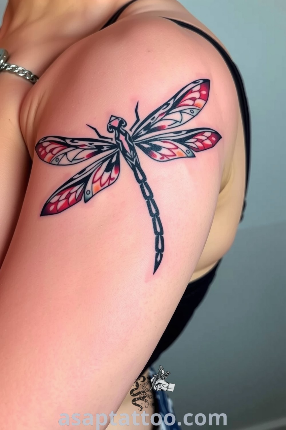 Tribal dragonfly tattoo with bold lines and gradients, creating a dynamic movement effect. A gorgeous tattoo idea that harmonizes with the skin, evoking inspiration and meaning. asaptattoo.com