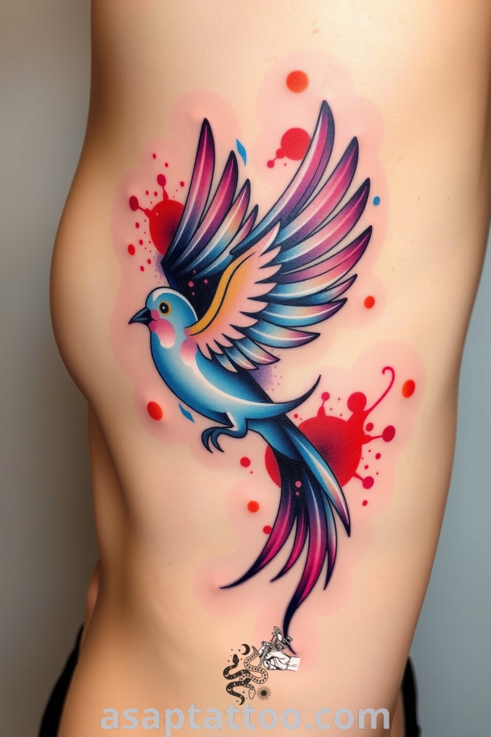 Abstract bird tattoo featuring fluid lines and vibrant colors with intricate gradients, creating a striking and elegant design. A gorgeous tattoo idea you must see to believe. asaptattoo.com