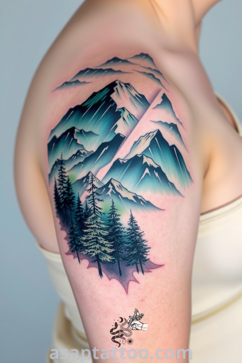 Surreal tattoo of majestic mountains and a dense forest on the shoulder, showcasing deep greens and blues in intricate detail. A gorgeous tattoo idea that will inspire you to get inked with meaning. asaptattoo.com