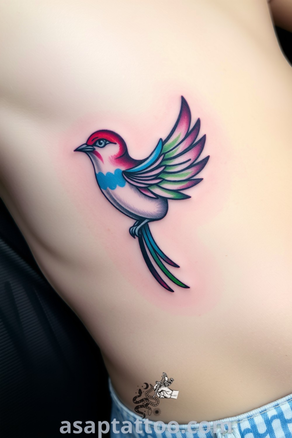 Bird tattoo on ribcage with iridescent blues and greens, featuring realistic details and elegant linework. An amazing tattoo idea to inspire you to get inked. asaptattoo.com