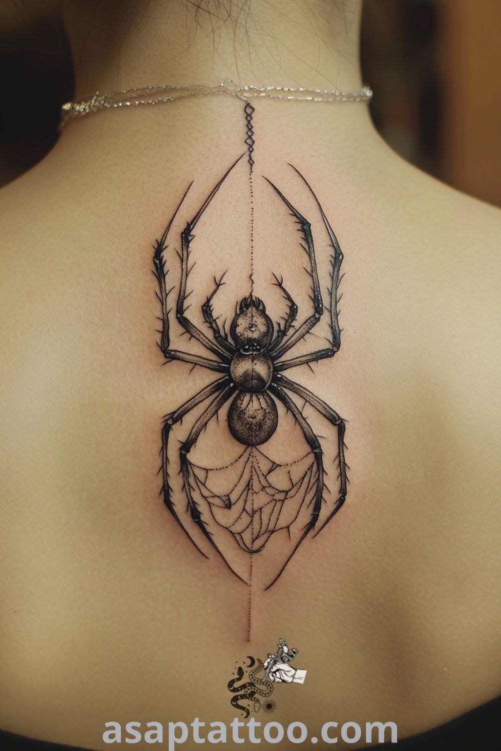 Elegant vintage spider tattoo with intricate linework and deep blacks, creating a captivating design on the nape of the neck. A gorgeous tattoo idea that will inspire you to get inked. asaptattoo.com