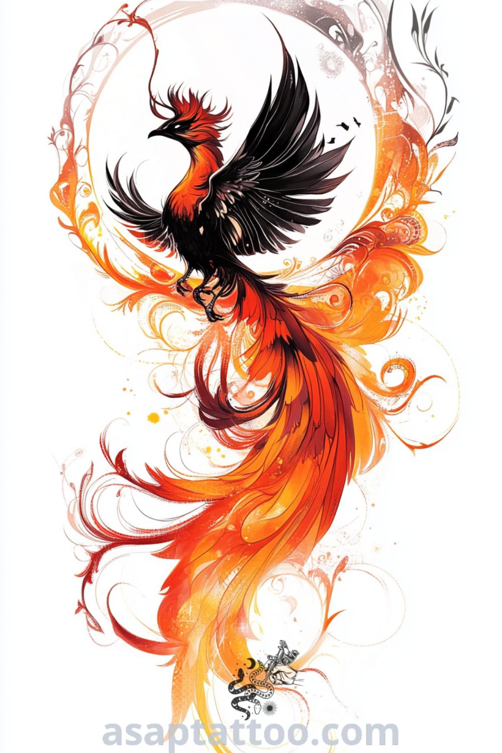Fire phoenix tattoo in vivid orange and red hues with deep black accents, showcasing intricate linework and dynamic movement. A gorgeous tattoo idea that will inspire you to get inked. asaptattoo.com