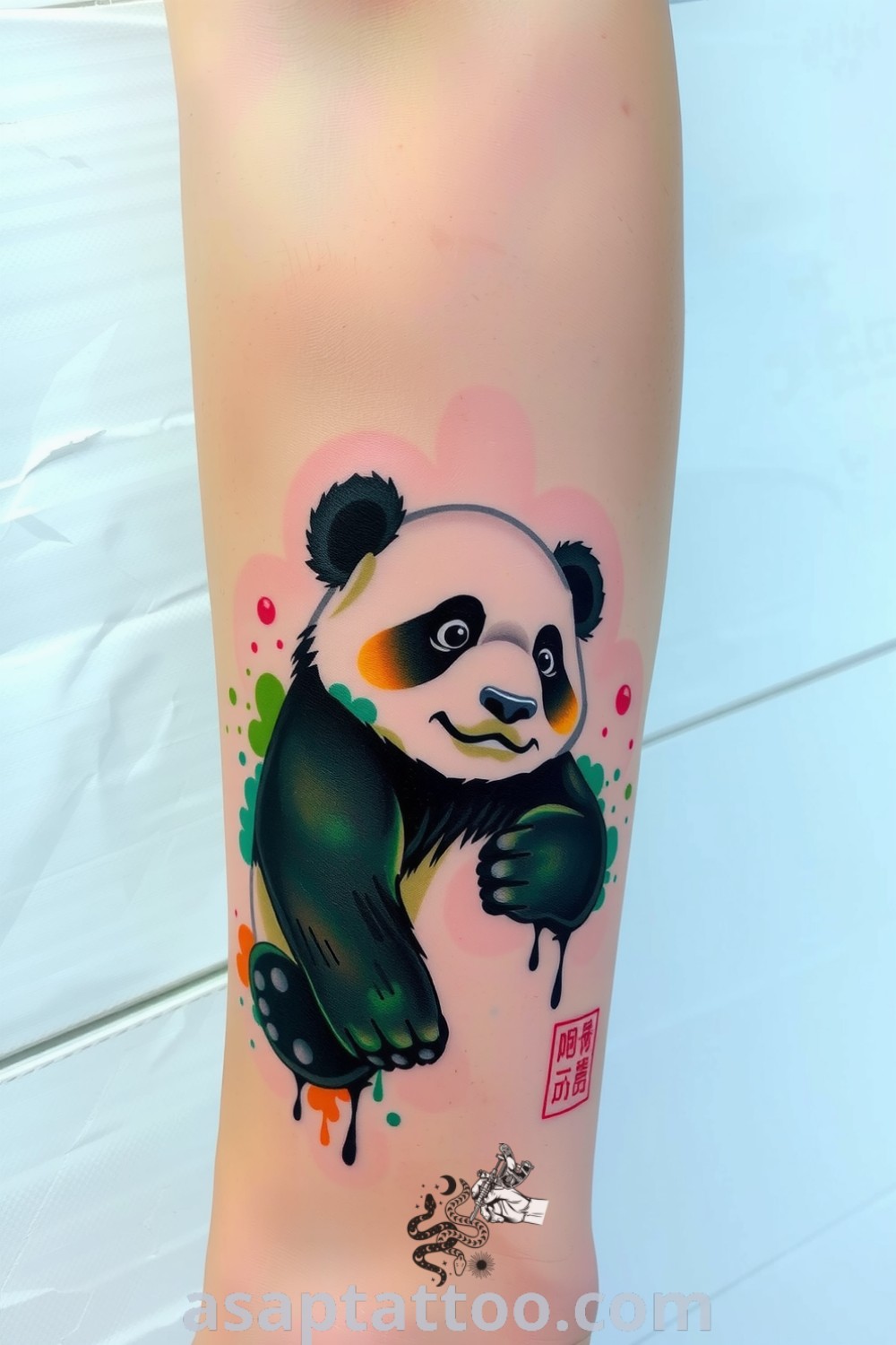 Watercolor panda tattoo featuring soft black and vibrant green hues, creating a playful and dreamy effect. This amazing design is perfect for anyone looking for tattoos to melt your heart. asaptattoo.com