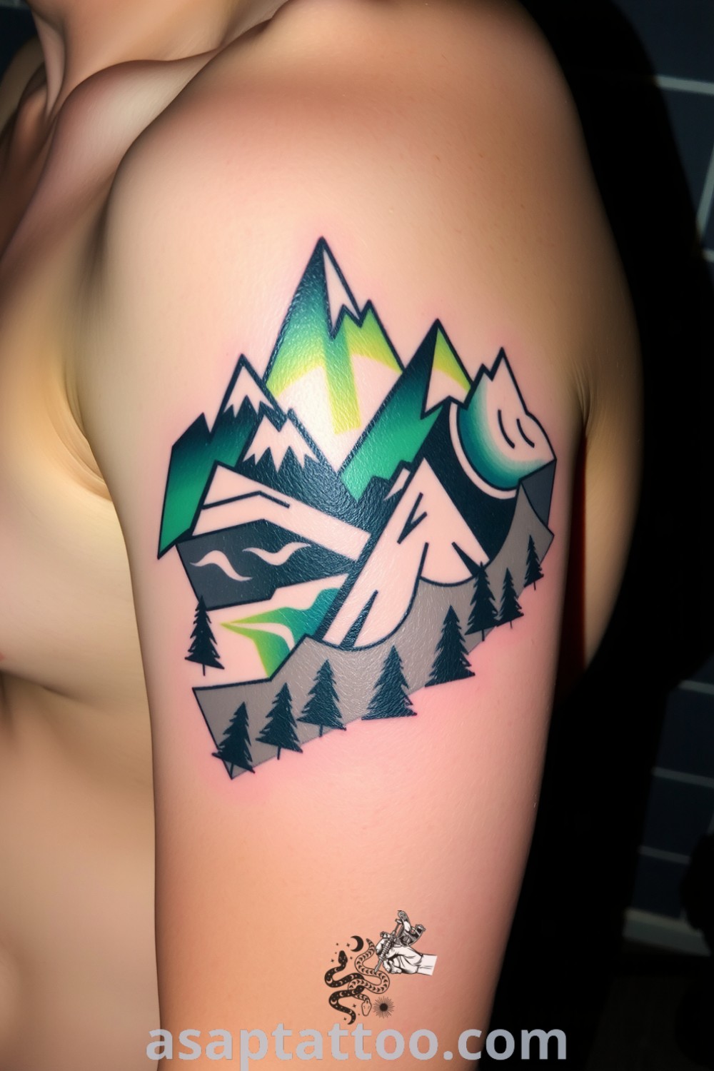 Abstract mountain and forest tattoo with intricate linework in deep greens and earthy tones. A gorgeous tattoo design that inspires and captivates. asaptattoo.com