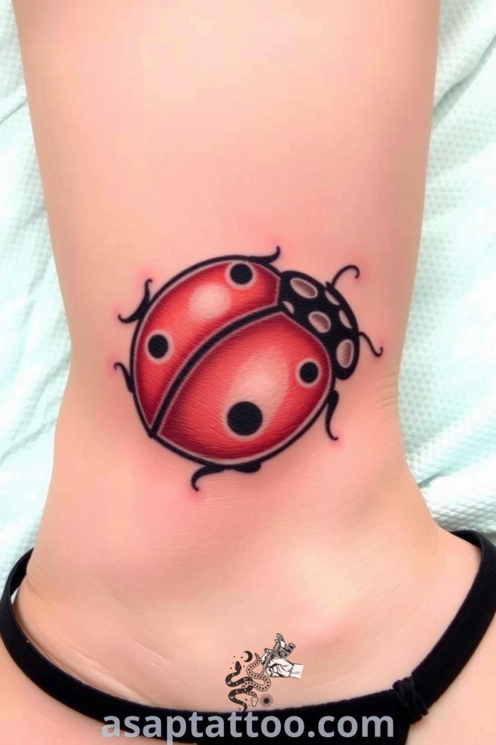 Fine line ladybug tattoo with intricate details in red and black, elegantly designed and perfect for those seeking cute tattoos to decorate your body with. asaptattoo.com