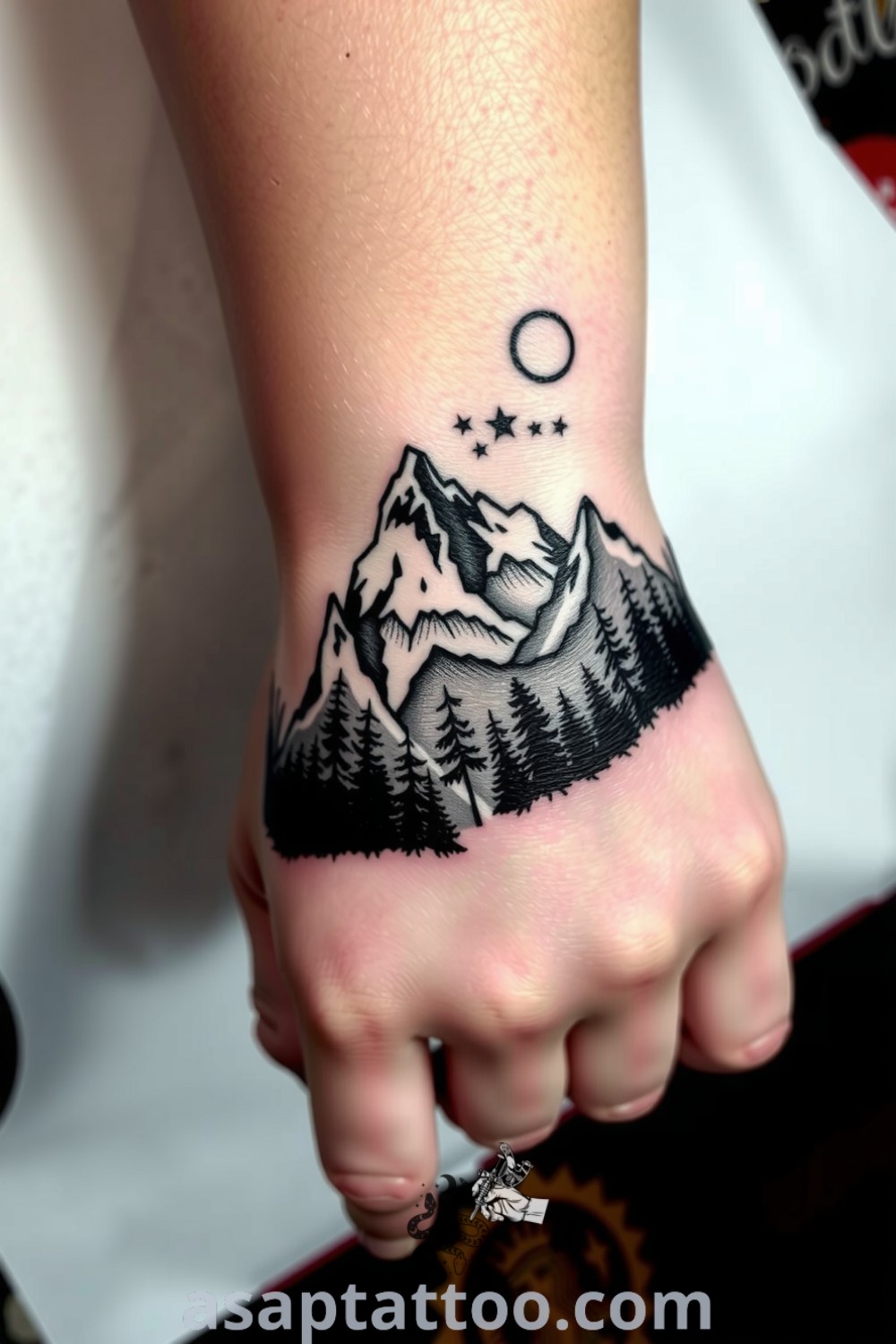 Dotwork tattoo of majestic mountains and serene forest wrapping around the wrist, with intricate patterns and shading. A gorgeous tattoo idea that will inspire you to get inked. asaptattoo.com