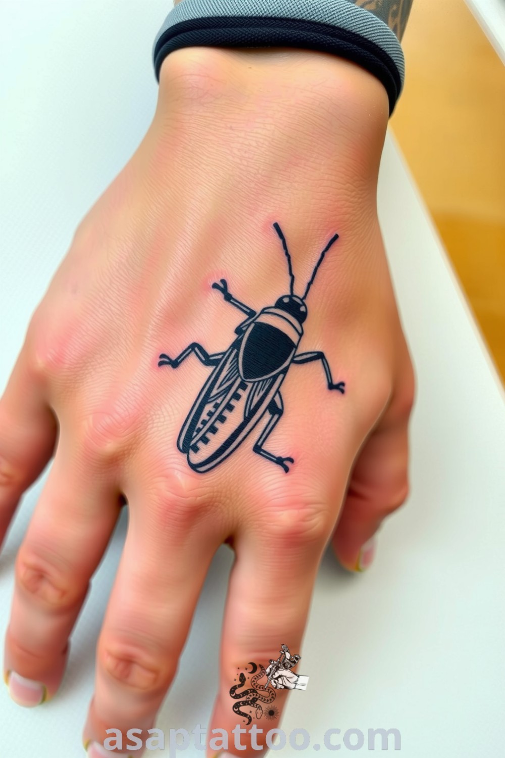 Intricate woodcut grasshopper tattoo in striking black ink with bold linework and shading creating depth and texture. A gorgeous tattoo idea you must see that symbolizes resilience and transformation. asaptattoo.com