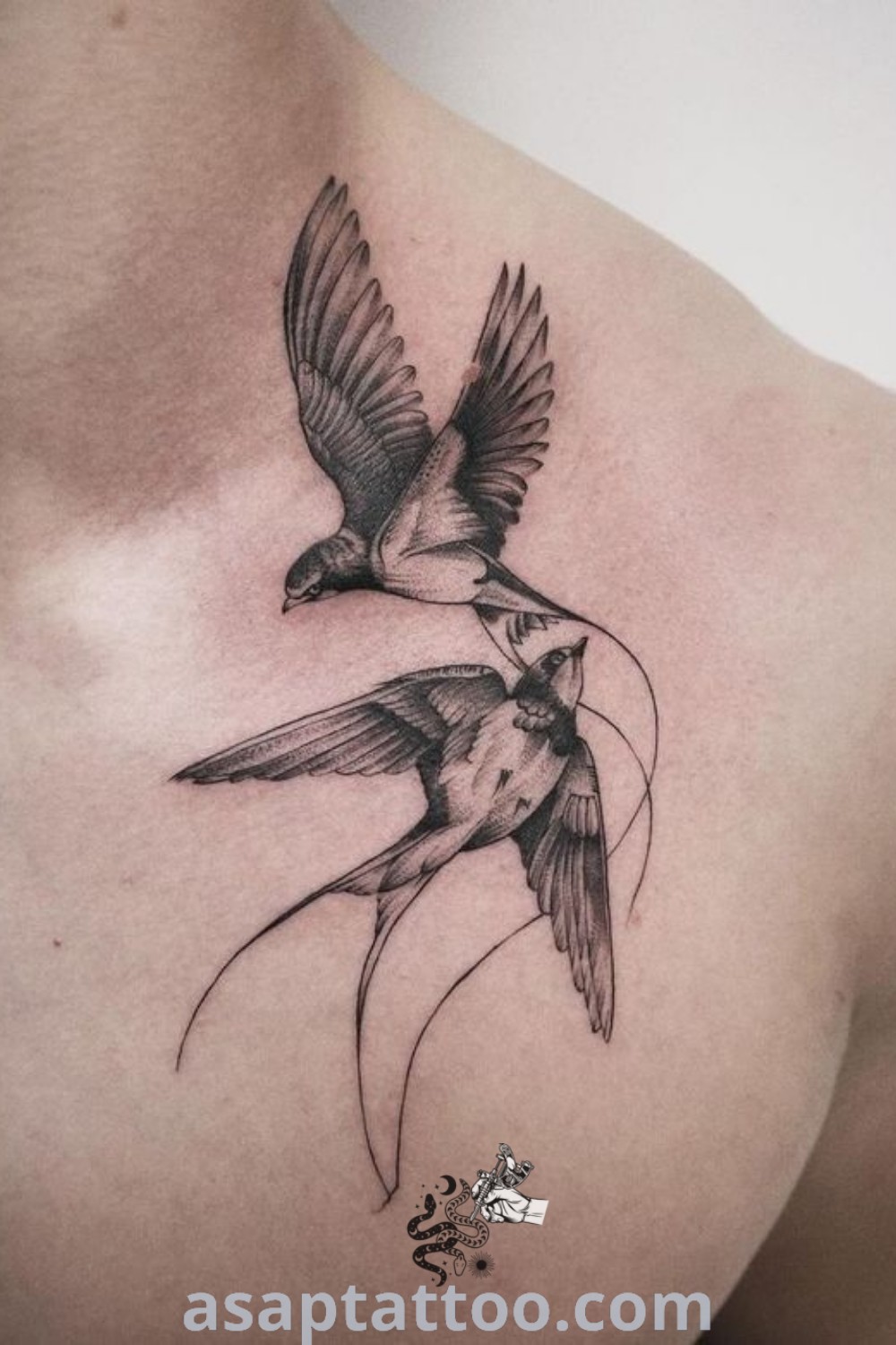 Linework tattoo of two swallows flying next to each other on a man
