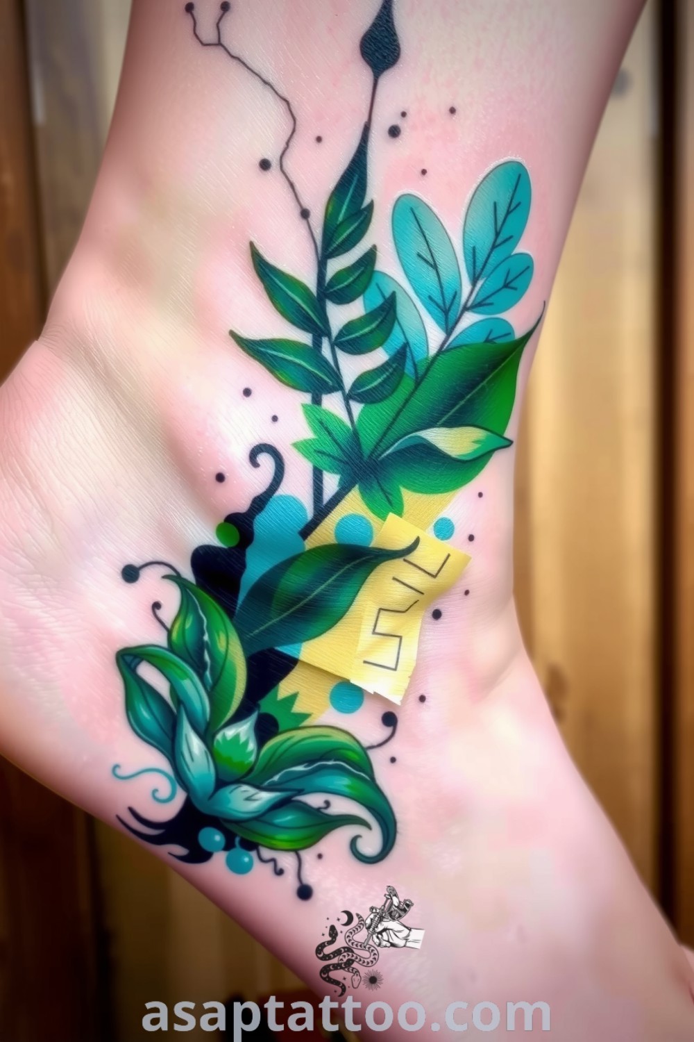 Mixed-media plant tattoo with dynamic ink splashes and torn-paper effect, showcasing intricate linework and vibrant colors. A gorgeous tattoo design that will inspire you to get inked. asaptattoo.com