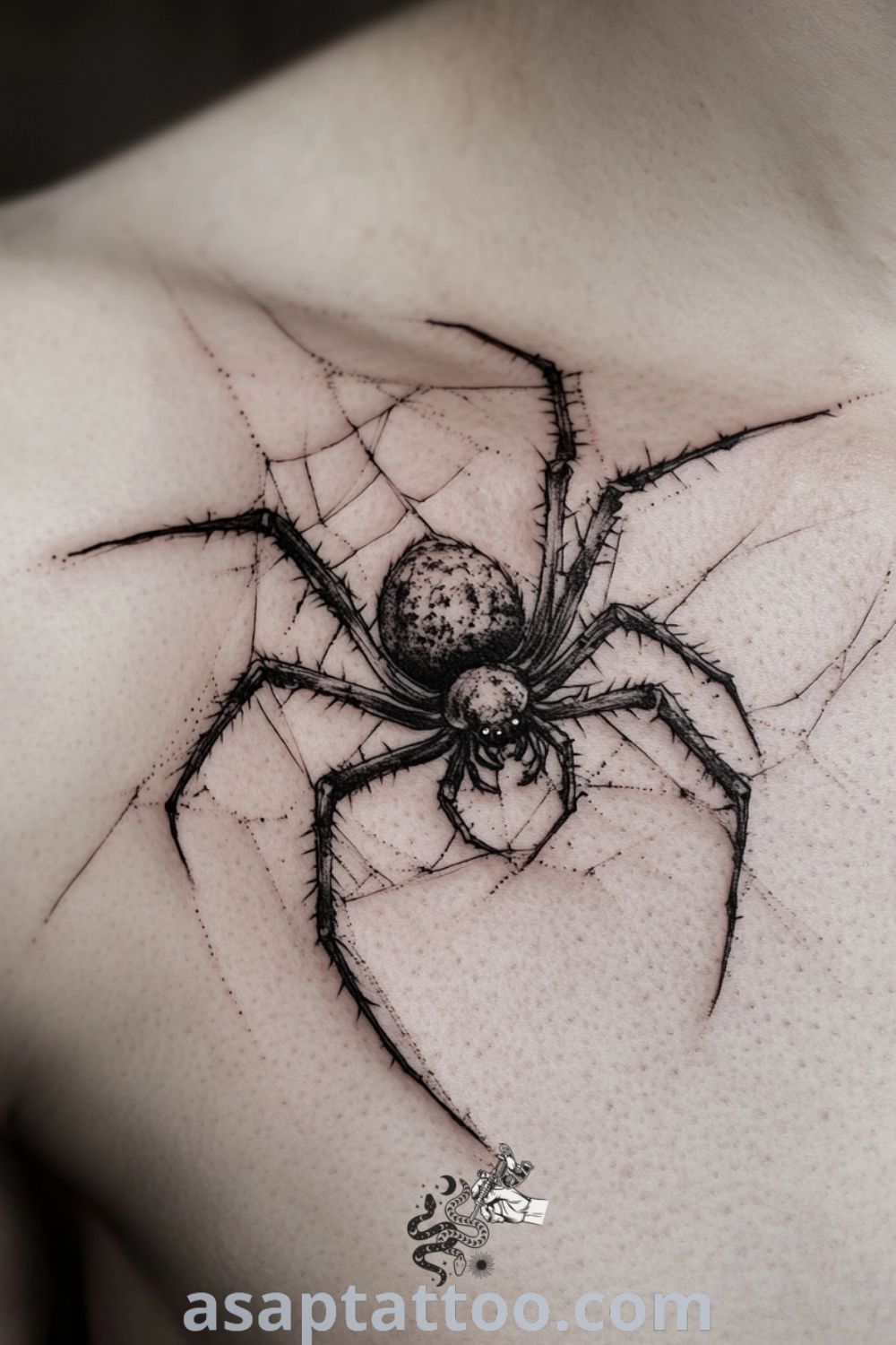 Horror-style spider tattoo on clavicle with intricate linework and deep black ink, featuring delicate gradients. An amazing tattoo idea you must see to believe. asaptattoo.com