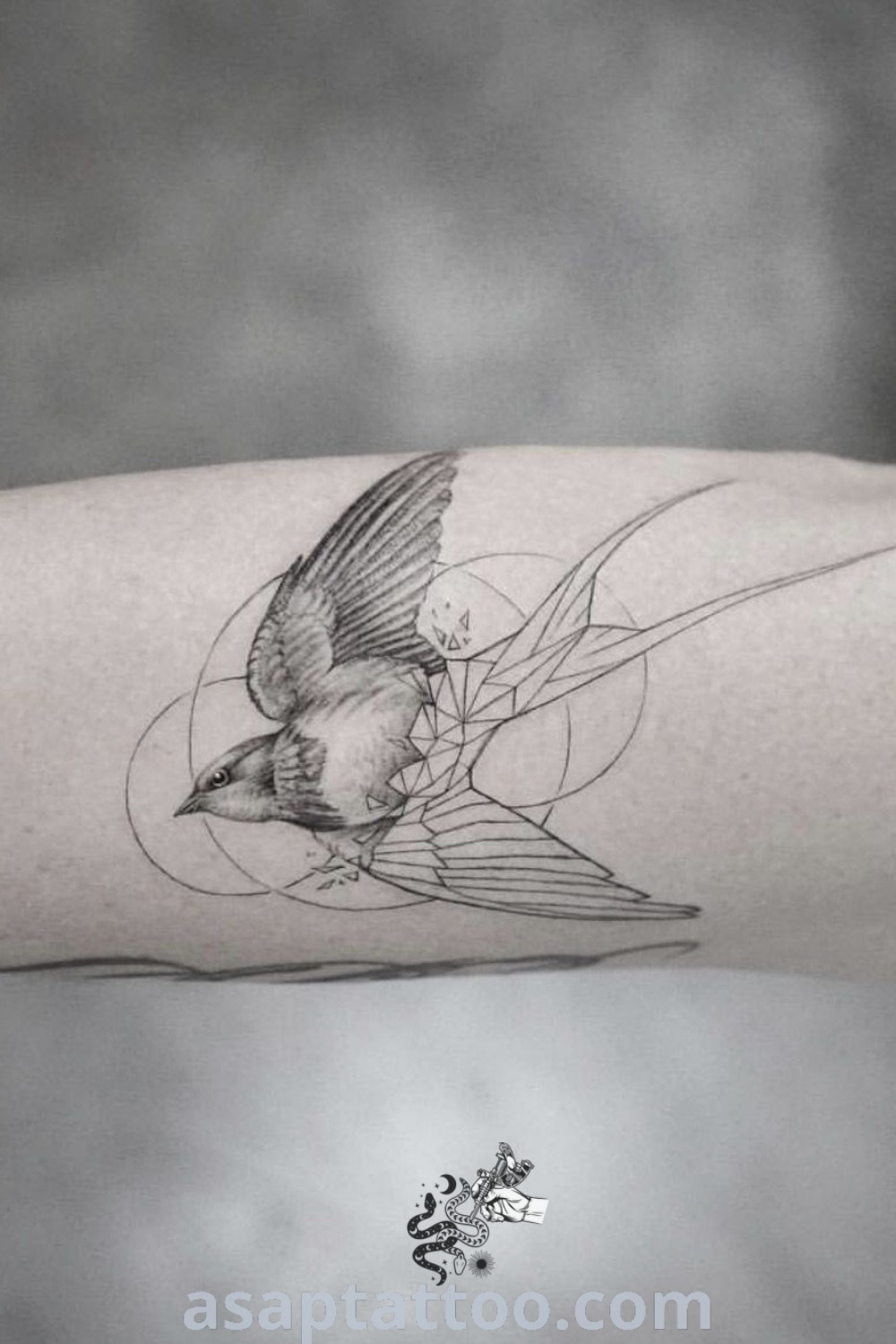 Cute sparrow tattoo on arm featuring geometric design and artistic details. An inspiring choice for those seeking elegant bird tattoos. Discover amazing ideas to decorate your body with at asaptattoo.com.