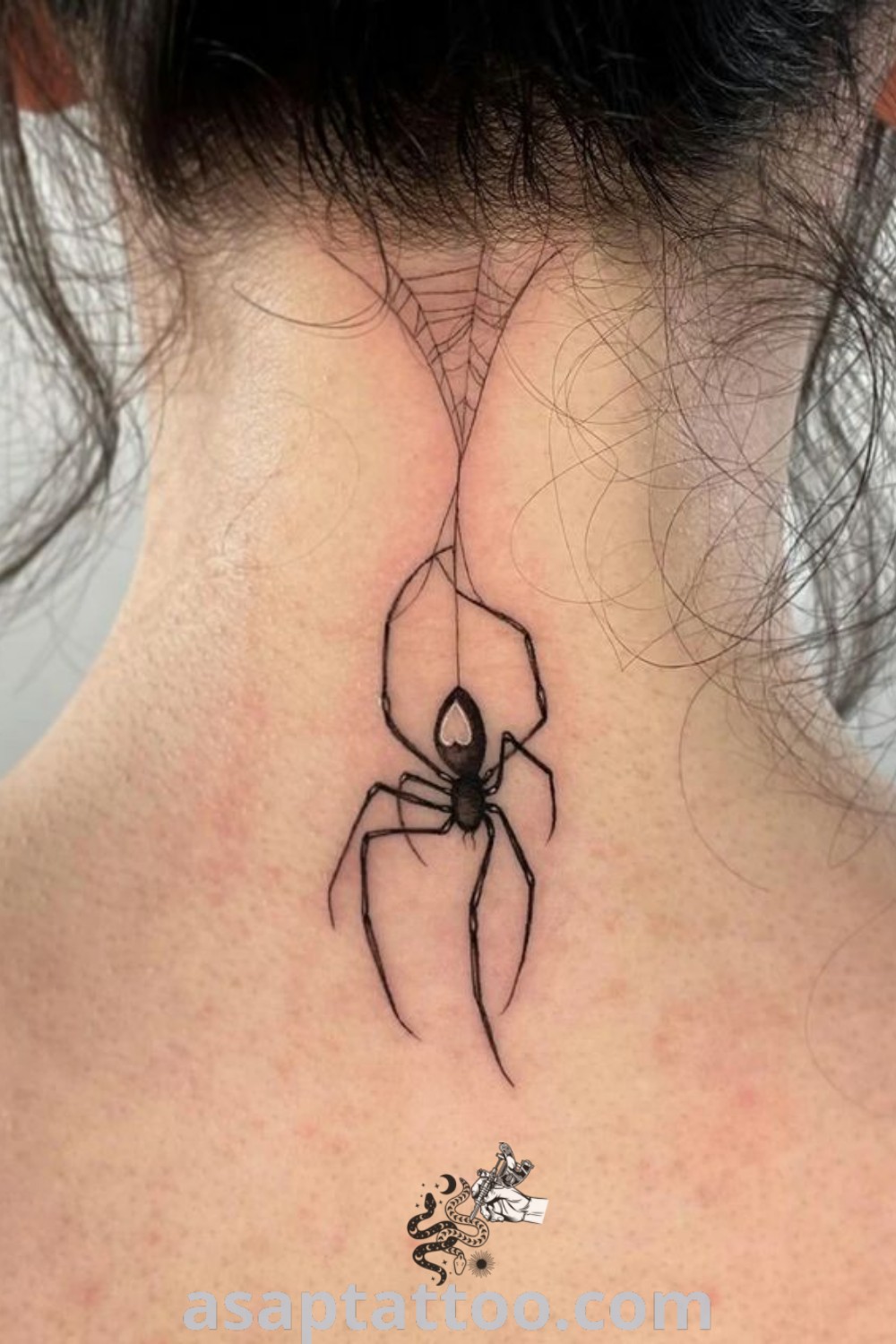 Black Widow spider web tattoo featuring beautiful designs including a back of neck spider tattoo, spider arm tattoo, and collar bone spider web tattoo. Discover inspiring tattoo ideas at asaptattoo.com.