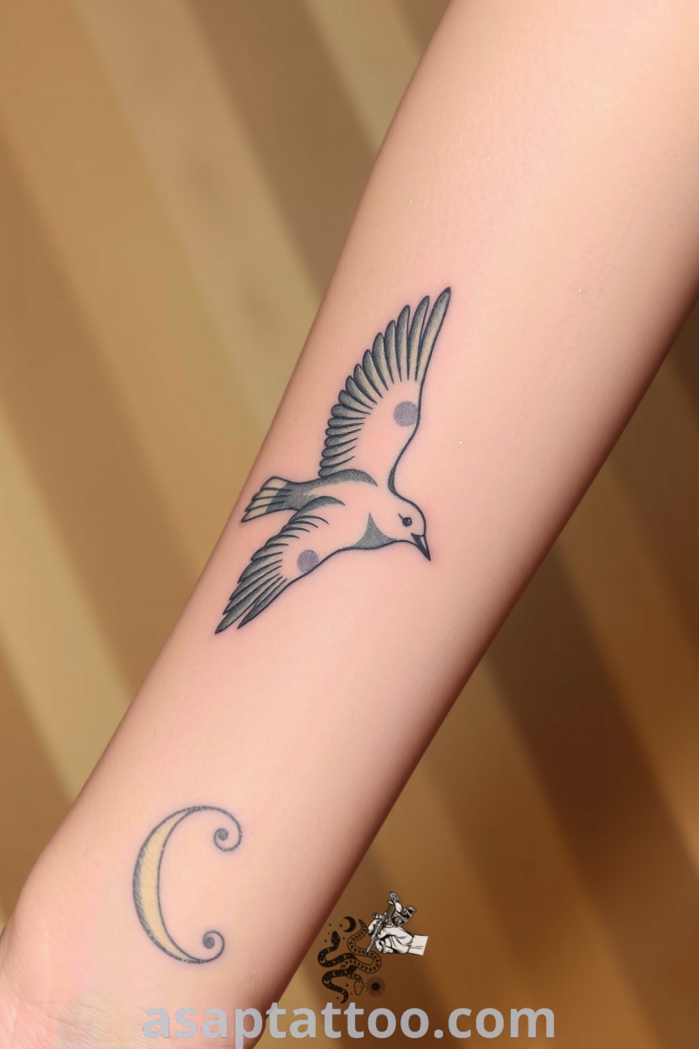 Elegant snowy bird tattoo with intricate linework and delicate gradients, showcasing realistic feather textures. This amazing tattoo design is a must-see for anyone looking to decorate their body with art that inspires. asaptattoo.com