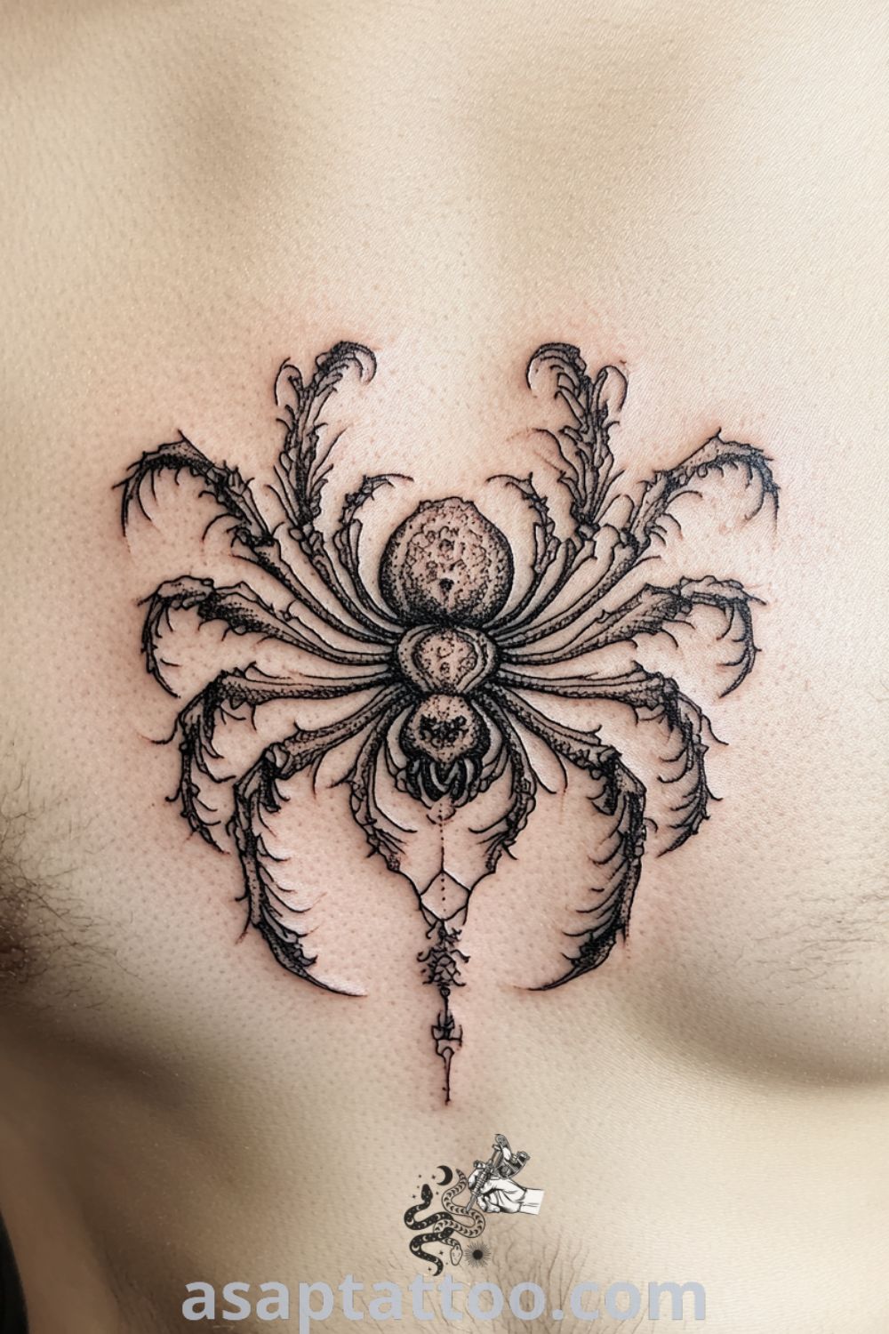 Ornamental spider tattoo with intricate detailing in deep blacks and grays, highlighting fine linework and shading for depth. A gorgeous tattoo idea you must see to believe. asaptattoo.com