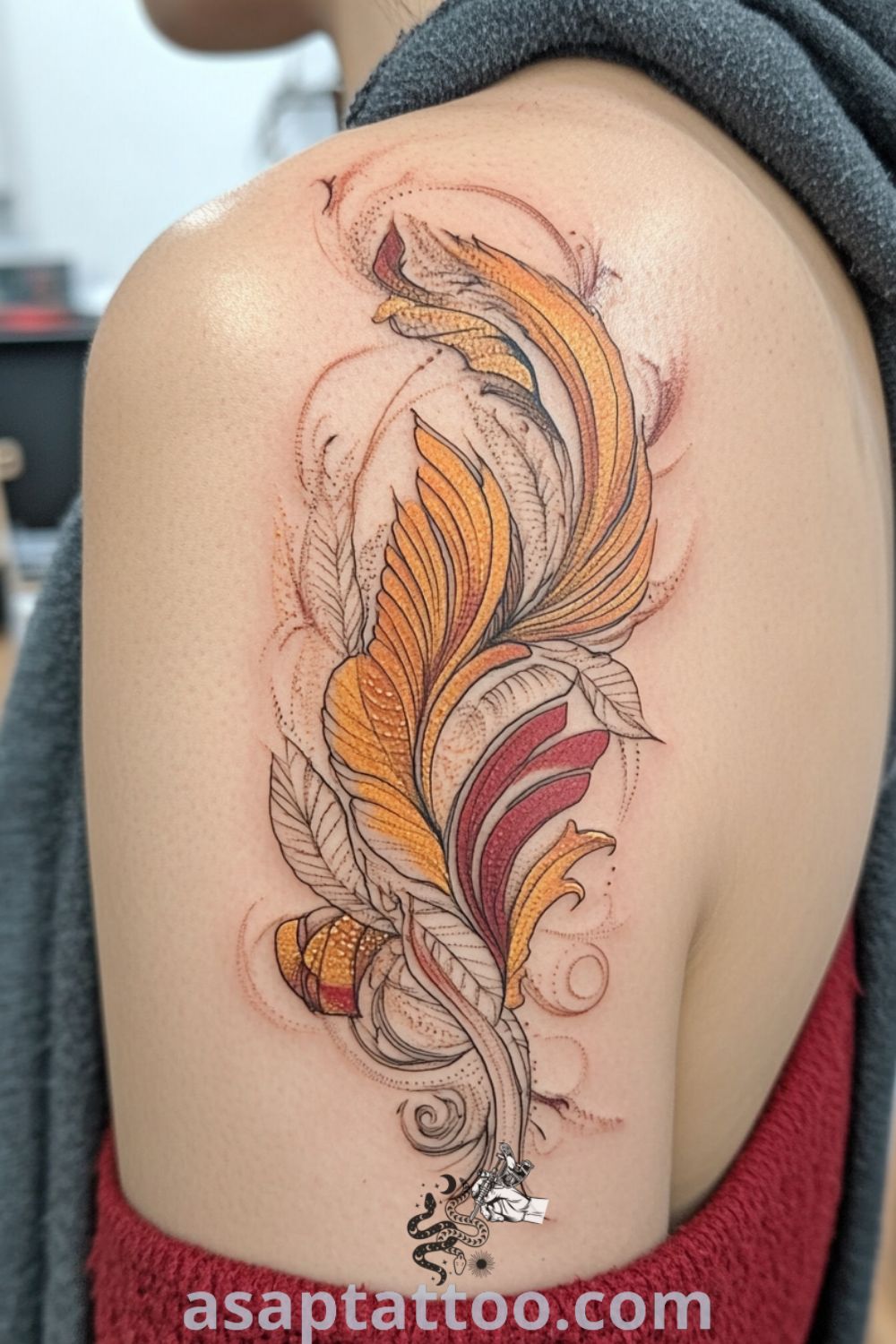 Phoenix tattoo on the spine with rich hues of crimson and golden yellow, showcasing intricate linework and shading for a dynamic appearance. A gorgeous tattoo idea that symbolizes rebirth and beauty, you must see to believe. asaptattoo.com