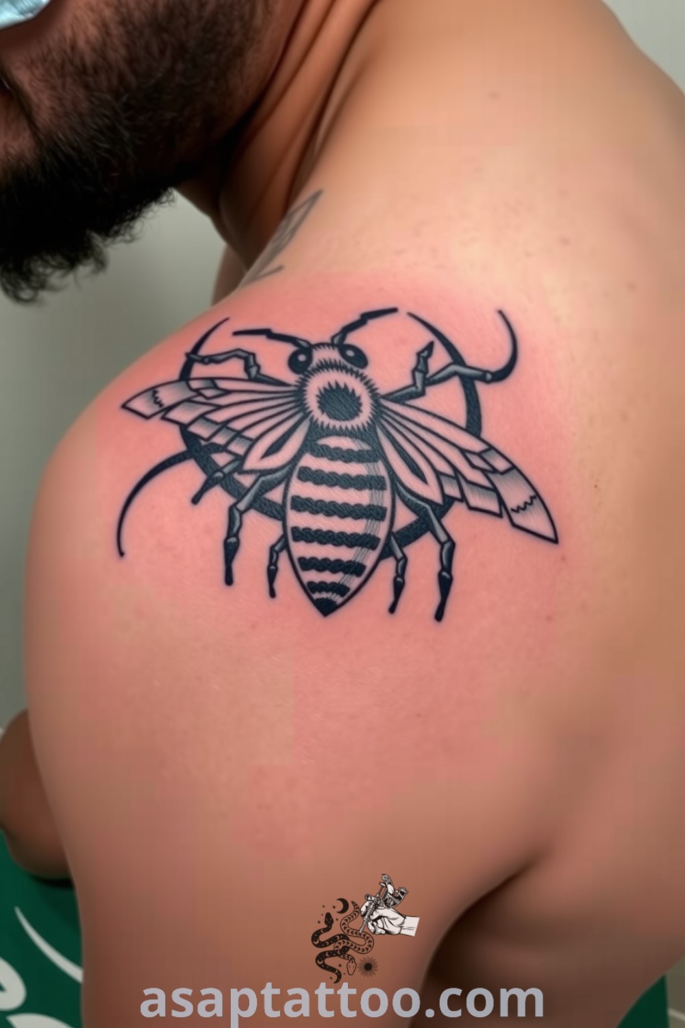 Tribal bee tattoo with bold, interwoven lines and intricate shading, symbolizing community and hard work. A gorgeous tattoo idea you must see. asaptattoo.com