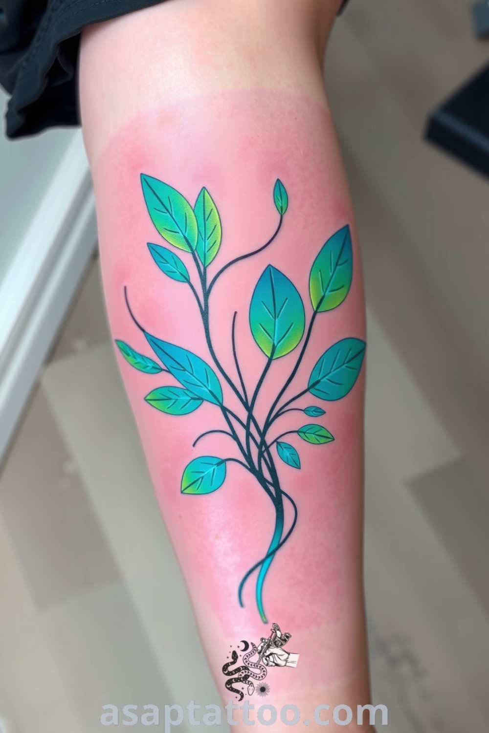 Cyberpunk plant tattoo with neon leaves in vibrant greens and electric blues, showcasing intricate fine linework and gradient shading. A gorgeous and inspiring tattoo idea you will absolutely love. asaptattoo.com