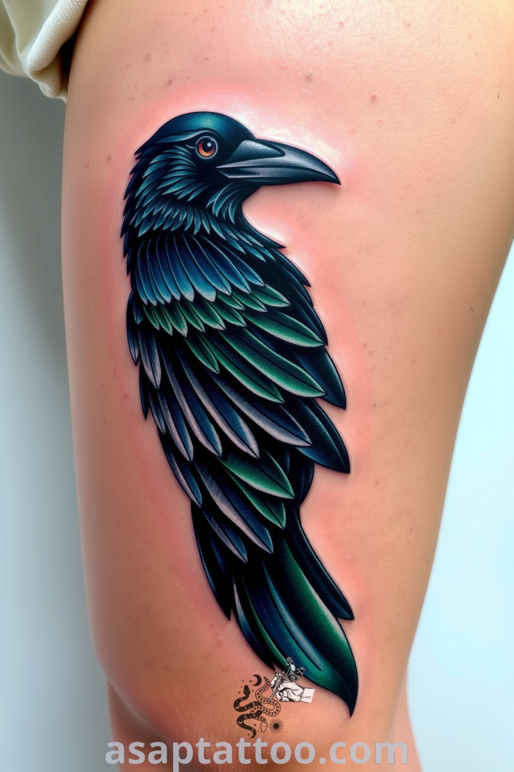 Intricately detailed neo-traditional raven tattoo with deep blacks and rich blue and green hues, blending classic and contemporary styles. A gorgeous tattoo idea you must see to believe. asaptattoo.com