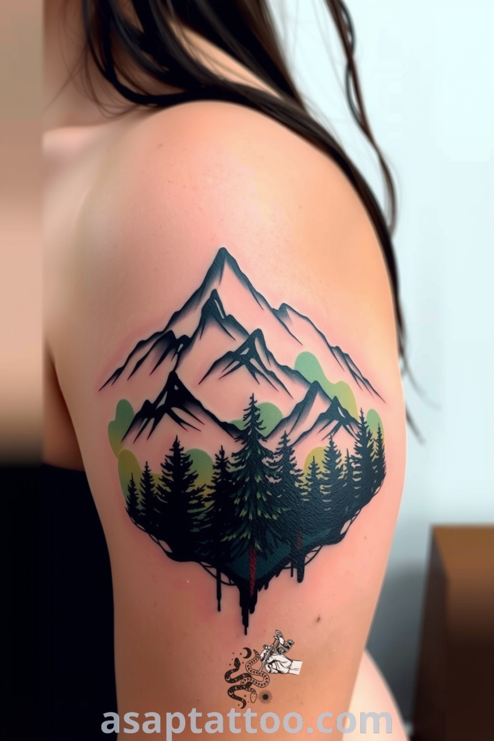 Abstract mountain and forest tattoo with intricate linework in deep greens and earthy browns, featuring gradients and shading for a serene and elegant effect. A gorgeous tattoo idea to inspire you to get inked. asaptattoo.com