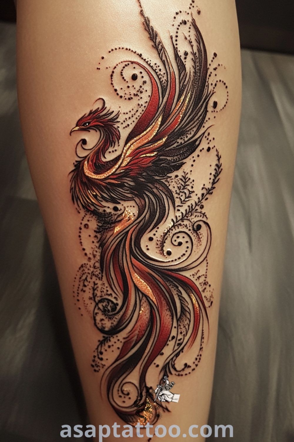 Abstract phoenix tattoo in rich reds, golds, and blacks spiraling around the lower leg, featuring intricate linework and dynamic movement. A gorgeous tattoo idea you must see to believe. asaptattoo.com