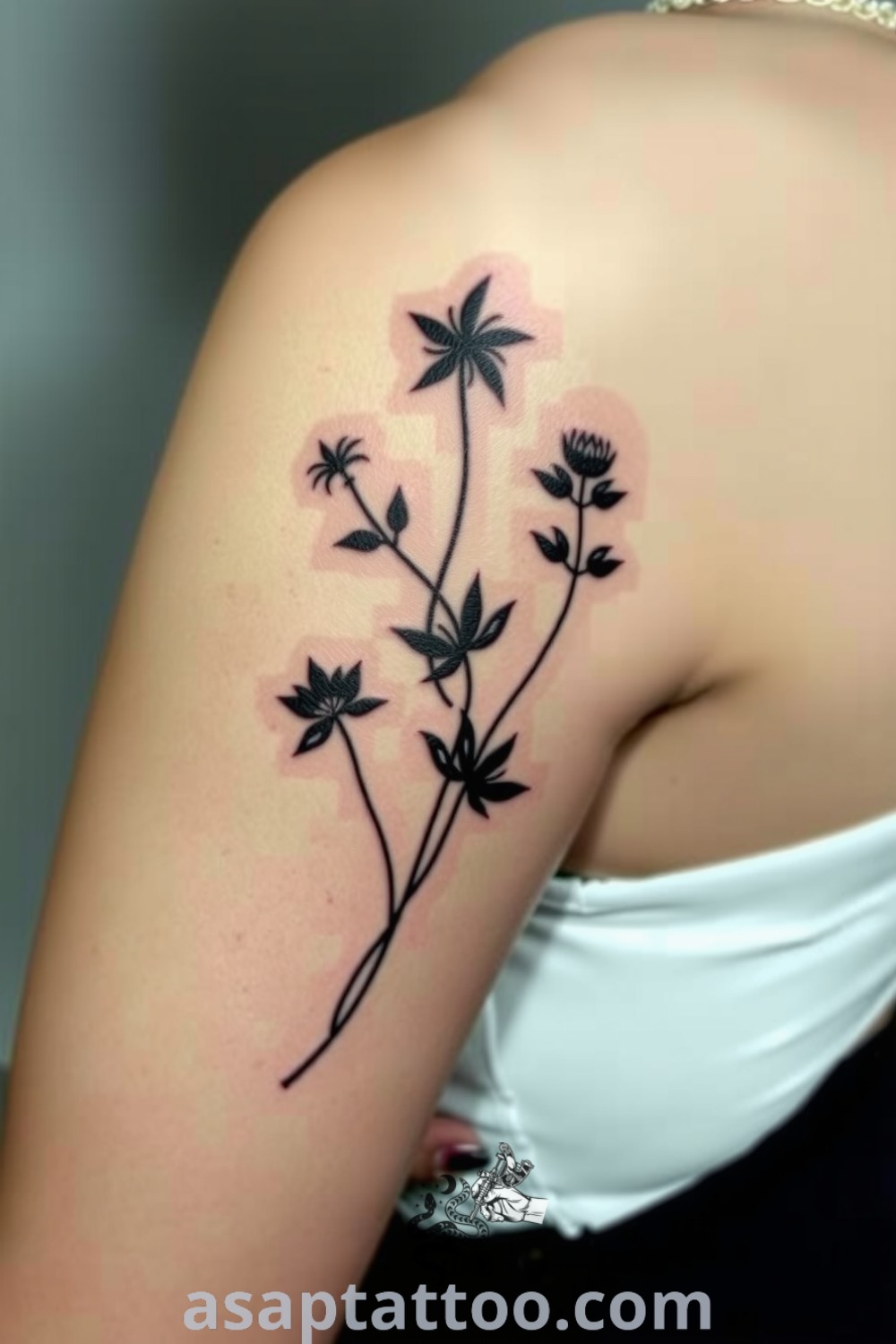 Silhouette tattoo of lush plants on the upper arm with bold outlines and intricate detailing, creating an elegant design you must see. asaptattoo.com