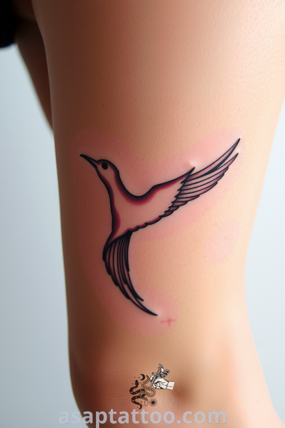 Surreal bird tattoo featuring intricate linework and rich colors, seamlessly blending into the skin with a stunning gradient. An elegant tattoo idea you must see to believe. asaptattoo.com