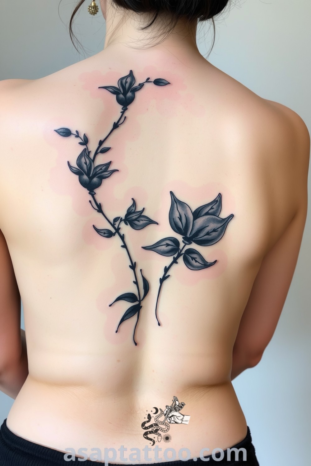 Elegant ink-wash tattoo of plants in sumi-e style with delicate linework and shading, blending beautifully with light skin. A gorgeous tattoo idea you will absolutely love. asaptattoo.com