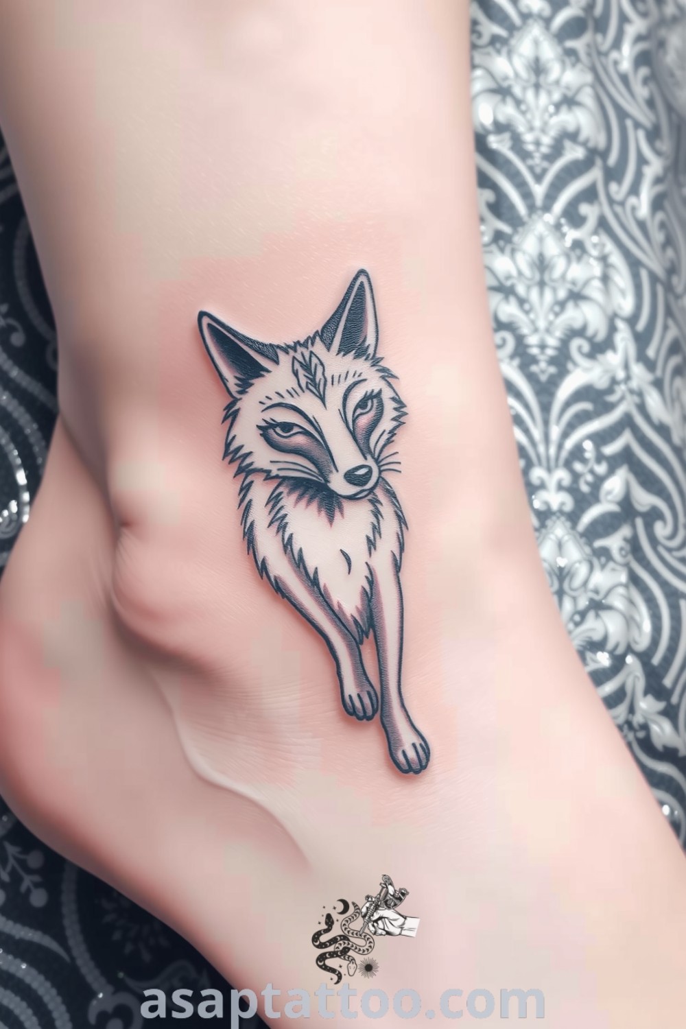 Beautifully detailed fox tattoo in fine linework showcasing fur texture and shading, perfect for ankle design. An elegant tattoo that will inspire you to get inked. asaptattoo.com