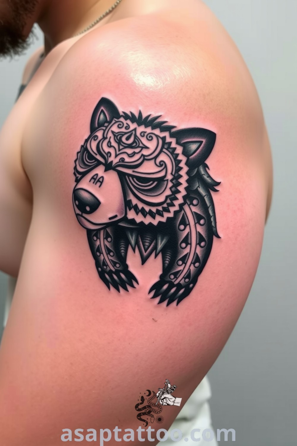 Intricate Nordic bear tattoo with detailed linework and bold shading, featuring a gradient of dark tones and highlights. A gorgeous tattoo that symbolizes strength and nature, an amazing tattoo idea you must see. asaptattoo.com
