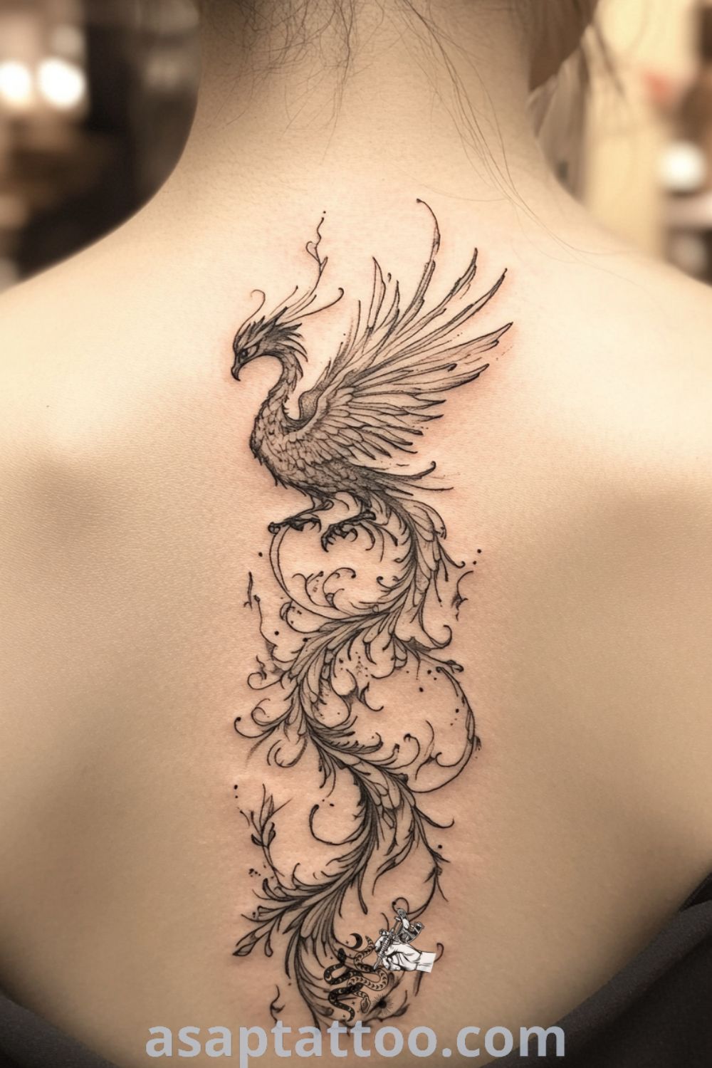 Intricate phoenix tattoo elegantly tracing down the spine with detailed linework and gradients. A gorgeous design symbolizing rebirth and resilience, inspiring you to get inked. asaptattoo.com