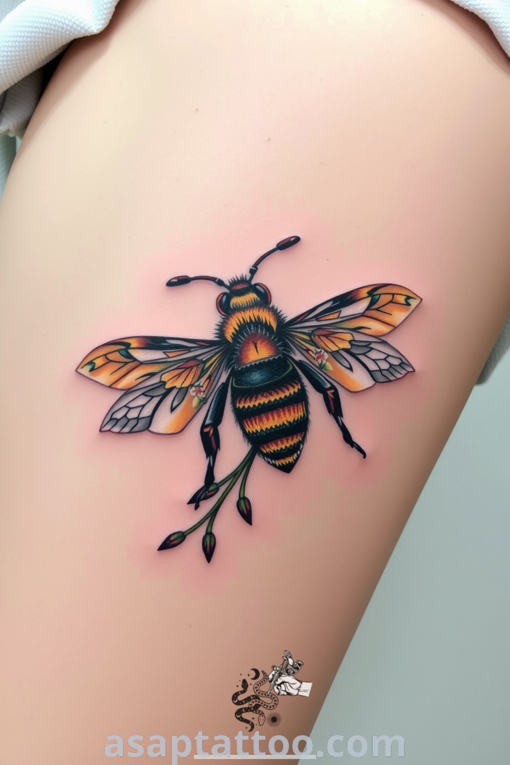 Intricate botanical bee tattoo with delicate floral elements and earthy tones, showcasing rich shading and textures for a lifelike appearance. A gorgeous tattoo idea you will absolutely love. asaptattoo.com