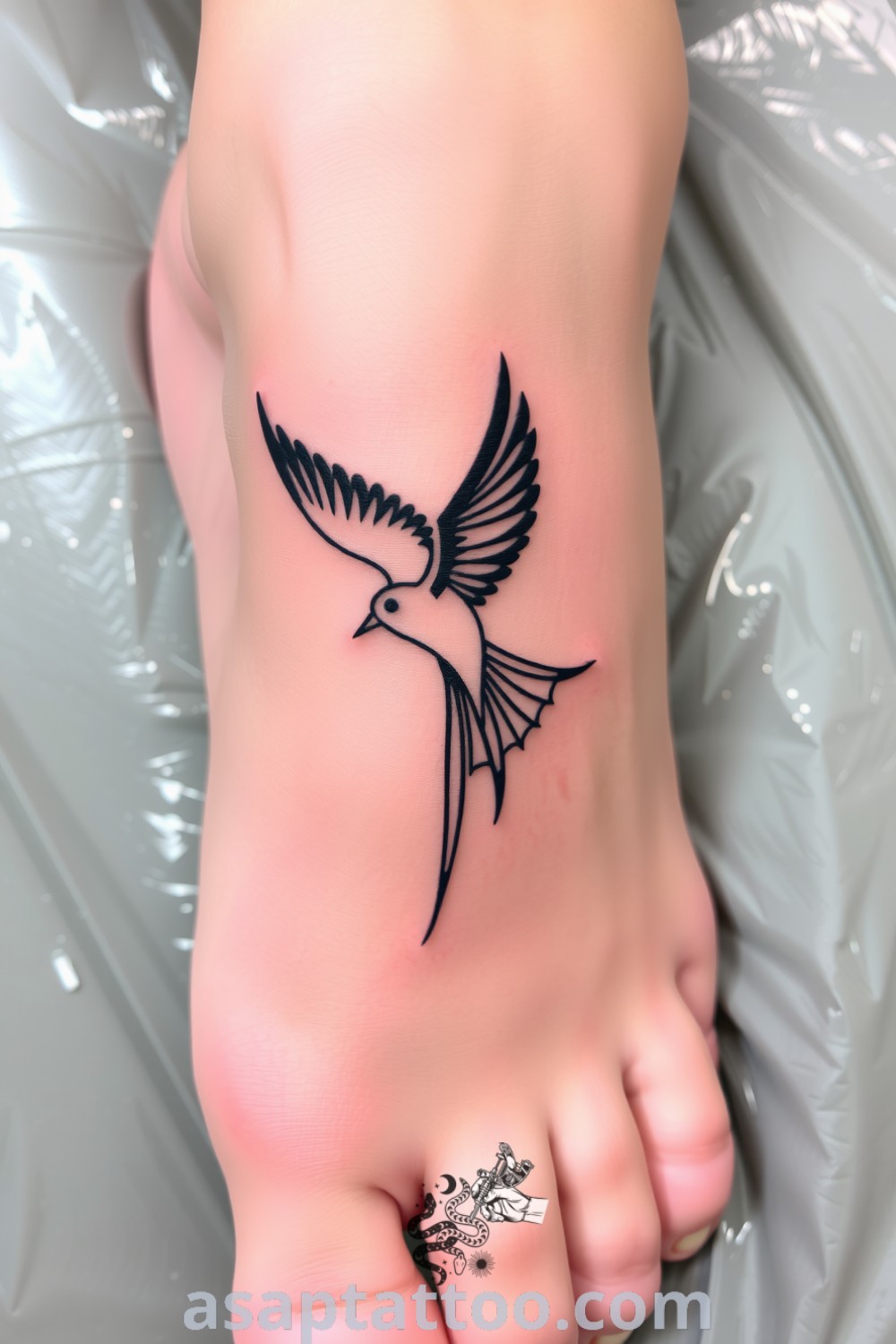 Silhouette bird tattoo in mid-flight with bold lines and detailed wings, embodying freedom and elegance. An amazing tattoo idea you must see to believe. asaptattoo.com