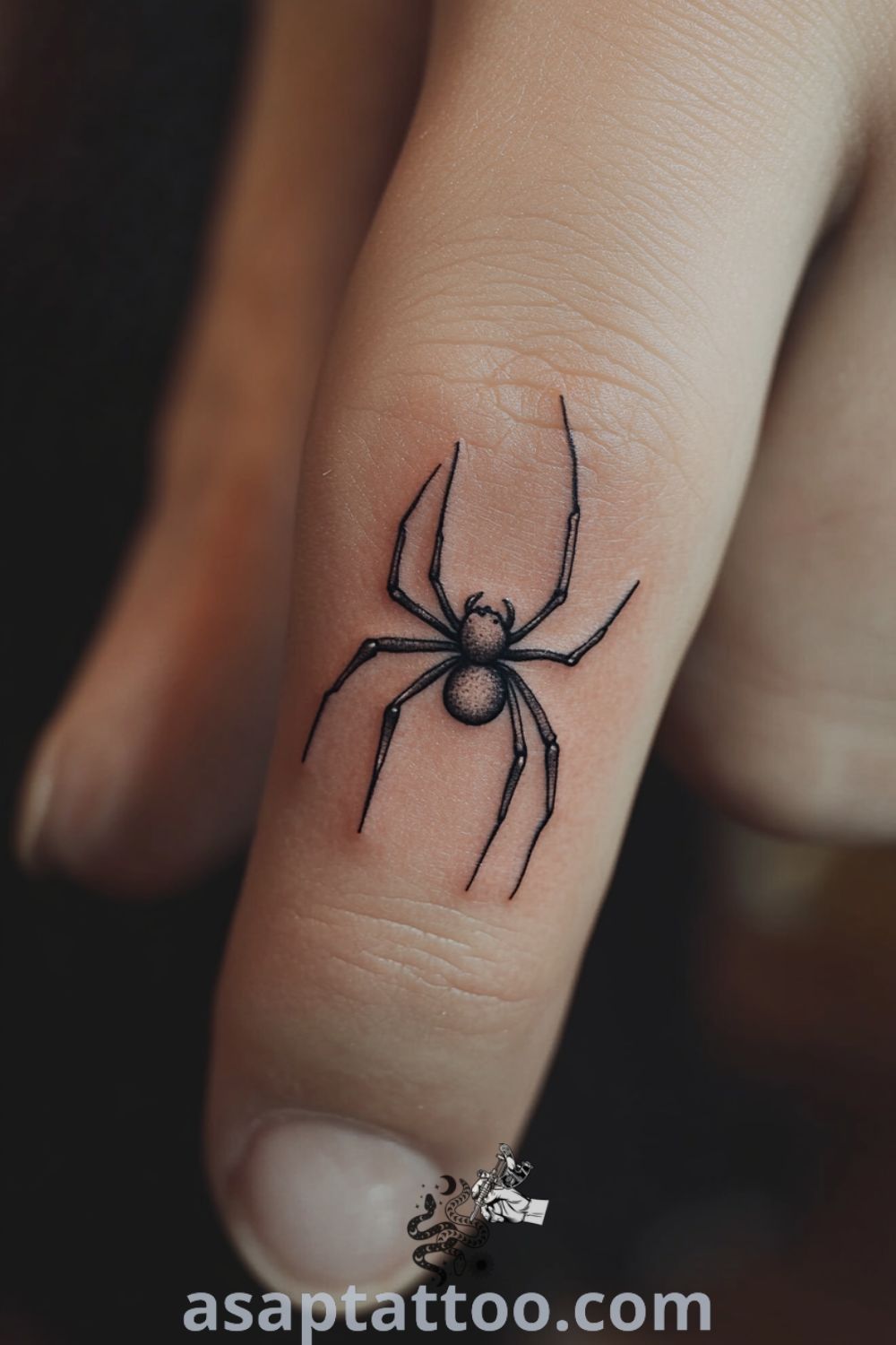 Minimalist spider tattoo with sleek black lines and intricate detailing, creating a striking design on light skin. A gorgeous tattoo idea that will inspire you to get inked. asaptattoo.com