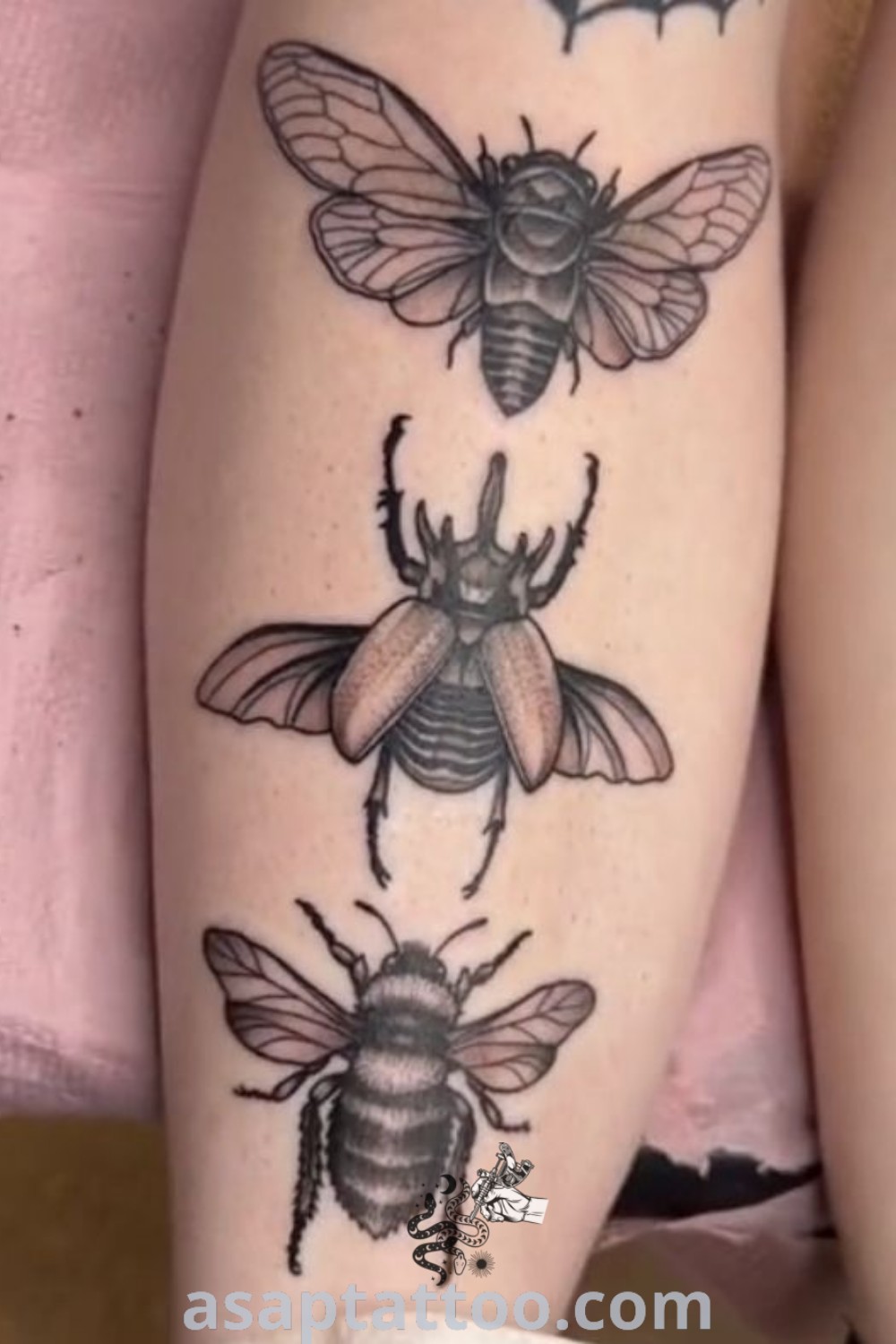 Cicada tattoo with intricate details, elegant design, and health rune inspiration, perfect for leg tattoos women. Explore amazing tattoo ideas at asaptattoo.com.