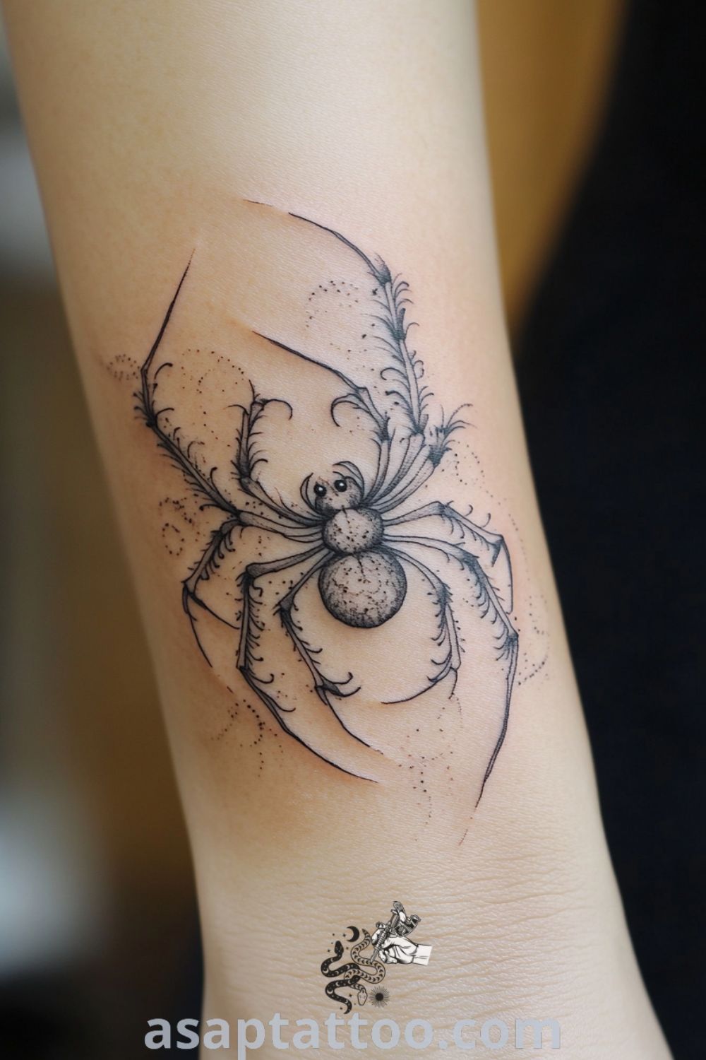 Intricate ornamental spider tattoo on the wrist with delicate linework and deep black ink. A gorgeous and elegant tattoo idea that embodies strength and artistry. asaptattoo.com