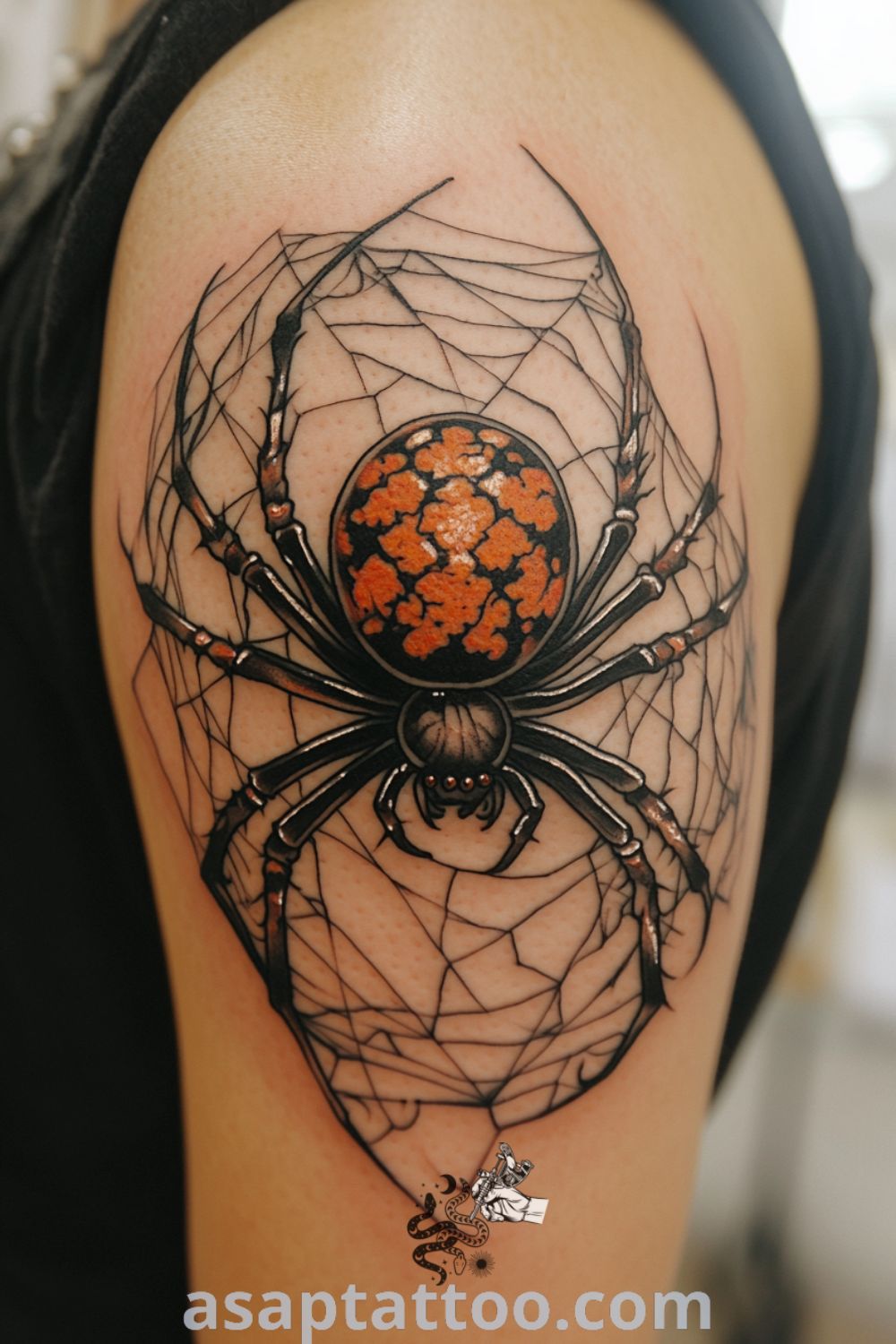 Neo-traditional spider tattoo with bold lines and vibrant colors, showcasing an intricate web and dynamic shading. A gorgeous tattoo idea that you must see to believe. asaptattoo.com