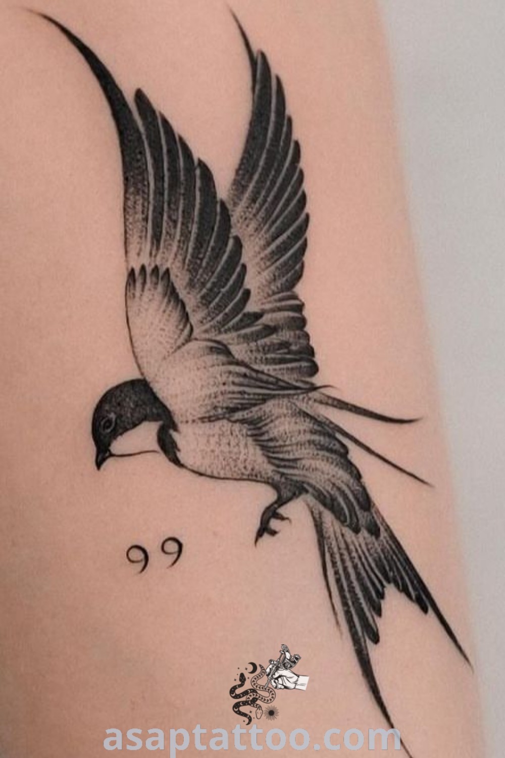 Sketchy black and white bird tattoo on the arm, showcasing artistic style and elegance. Perfect for fans of bird filler tattoos and classic sparrow tattoos. Discover more amazing tattoo ideas at asaptattoo.com.